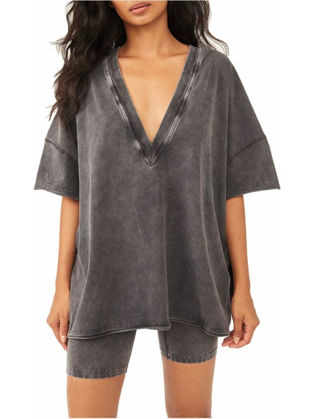 Free People Charcoal Washed V-Neck Short Sleeve Tee